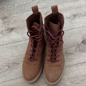 Toms Chestnut Leather Boots with Maroon Accents